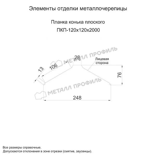 Планка конька плоского 190х190х2000 чертеж